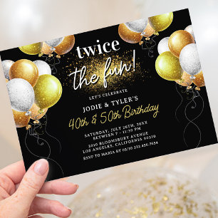 Invitation Adulte Noir et Or Ballon Anniversaire Conjoint