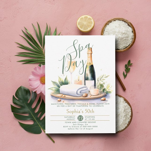 Invitation Adulte Spa Jour Fête Aquarelle Vert 50e anniversai (50th birthday ideas adult spa party invitation elegant modern classy watercolor chic)