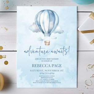 Invitation Adventure Attend ! Baby shower Blue Hot Air Balloo