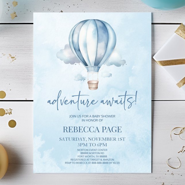 Invitation Adventure Attend ! Baby shower Blue Hot Air Balloo (Créateur téléchargé)