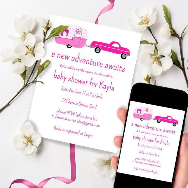Invitation Adventure Attend un BABY SHOWER de camion et de re (Adventure Awaits Cute Pink Truck & Trailer Tree-Free BABY SHOWER Invitation email or print custom
)