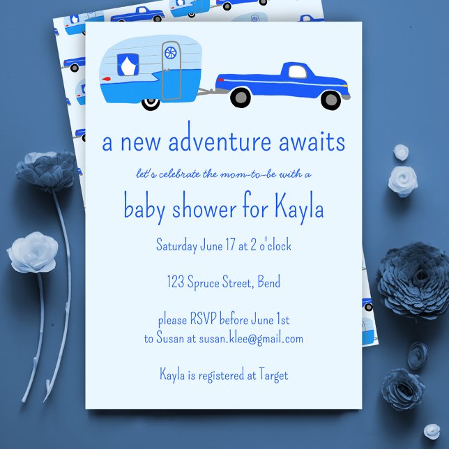 Invitation Adventure Attend un BABY SHOWER de camion et de re (Adventure Awaits Cute Truck & Trailer BABY SHOWER Invitation Baby Boy Blue)