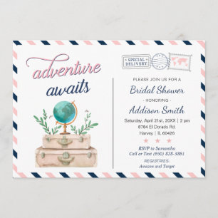 Invitation Adventure Await and Travel Briadl Shower Navy Pink