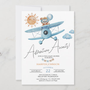 Invitation Adventure Await Avion Teddy Bear Baby shower