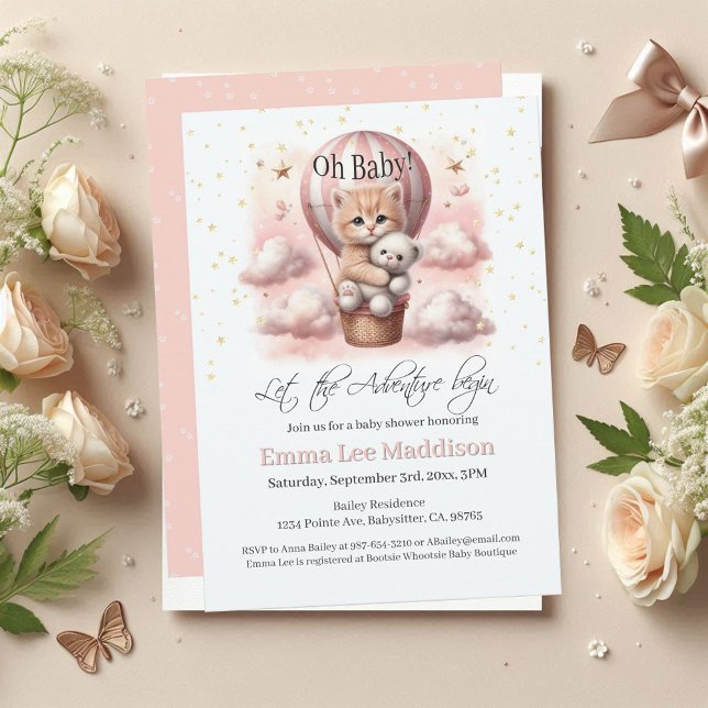 Invitation Adventure Await Baby Kitten Hot Air Balloon (Créateur téléchargé)