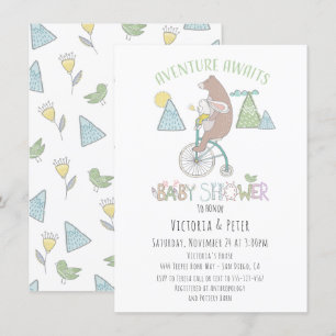 Invitation Adventure Await Bear Bunny Vélo Baby shower