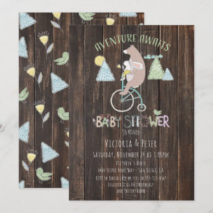 Invitation Adventure Await Bear Bunny Vélo Baby shower