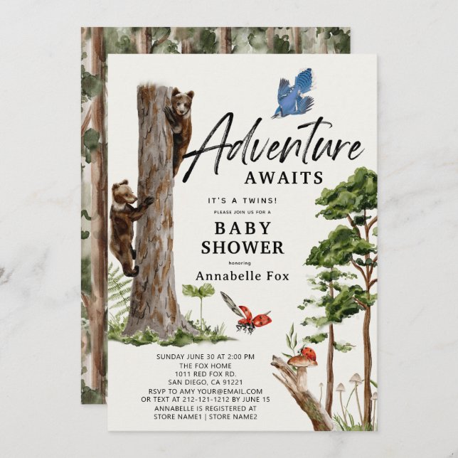Invitation Adventure Await Bear Cub Twins Forest Baby shower (Devant / Derrière)