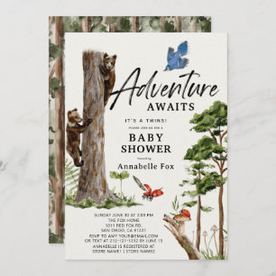 Invitation Adventure Await Bear Cub Twins Forest Baby shower