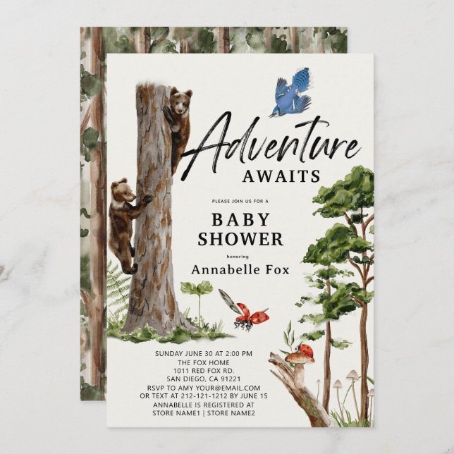 Invitation Adventure Await Bear Cubs Forest Boy Baby shower (Devant / Derrière)