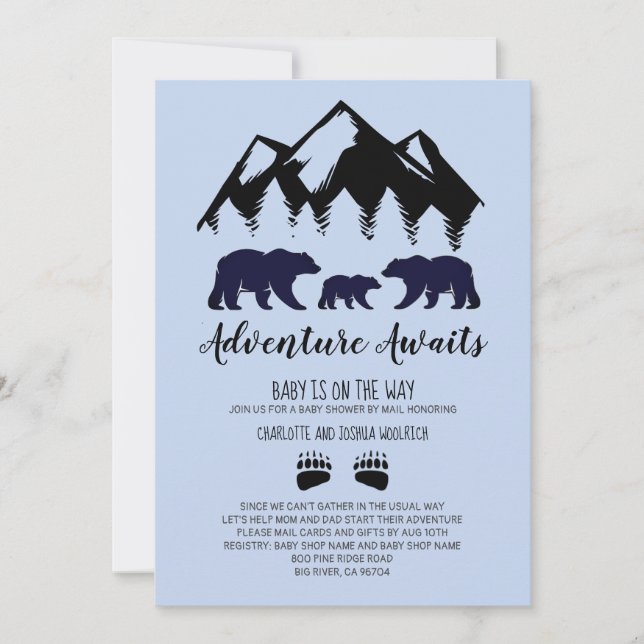 Invitation Adventure Await Bears Baby shower bleu par la post (Devant)