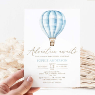 Invitation Adventure Await Blue Hot Air Balloon Baby shower