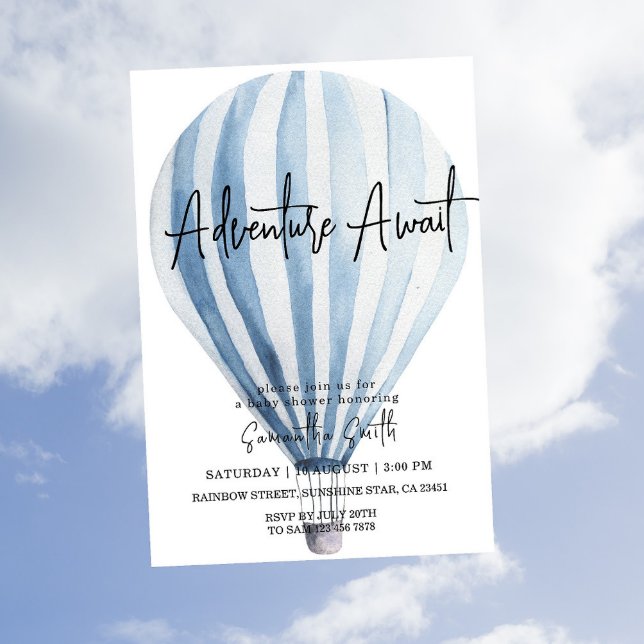 Invitation Adventure Await Blue Hot Air Balloon Baby shower (Créateur téléchargé)