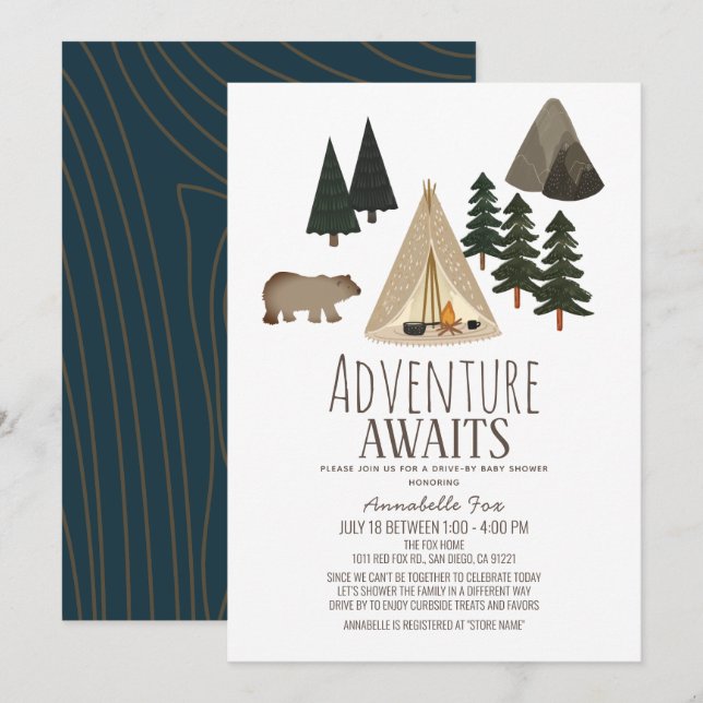 Invitation Adventure Await Camping Baby shower Drive-by (Devant / Derrière)