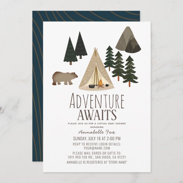 Invitation Adventure Await Camping Baby shower virtuel (Devant / Derrière)