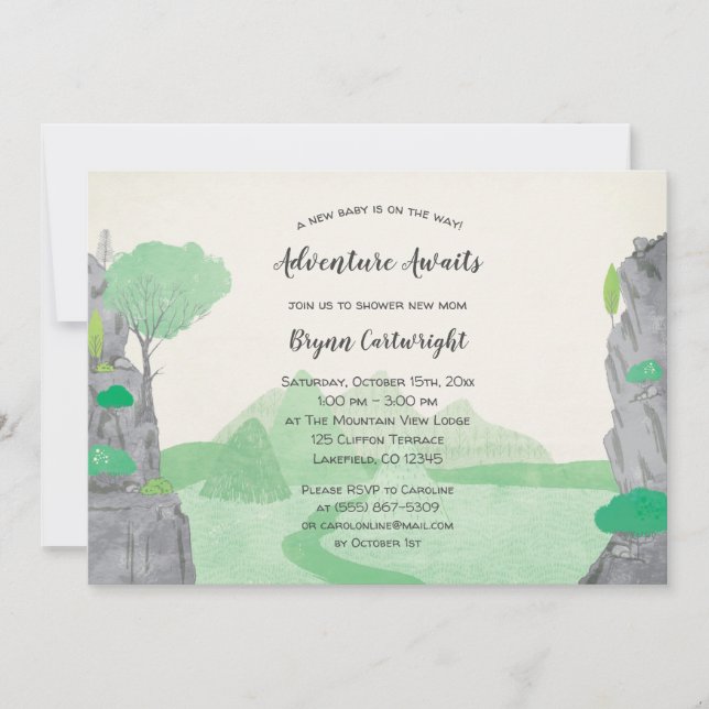 Invitation Adventure Await Cliffs and Mountains Baby shower (Devant)