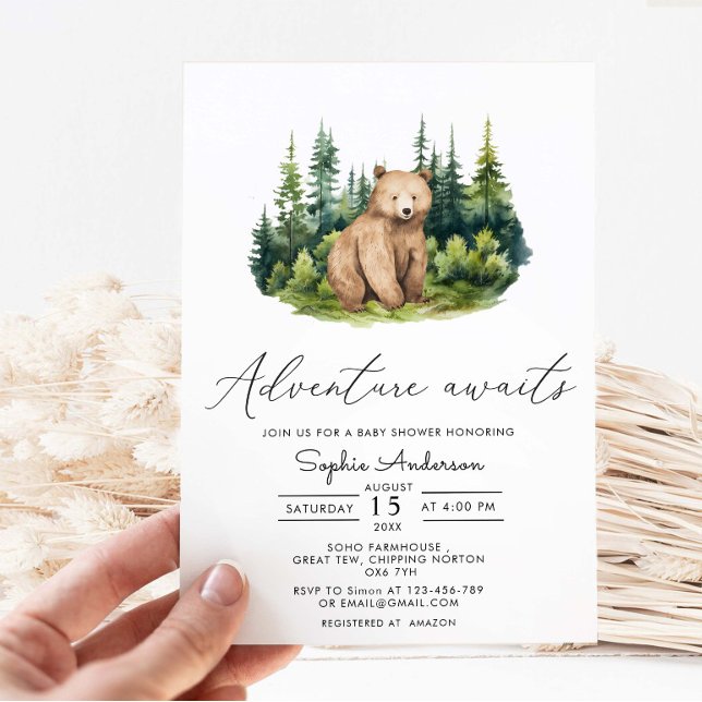 Invitation Adventure Await Forest Bear Baby shower moderne (Créateur téléchargé)