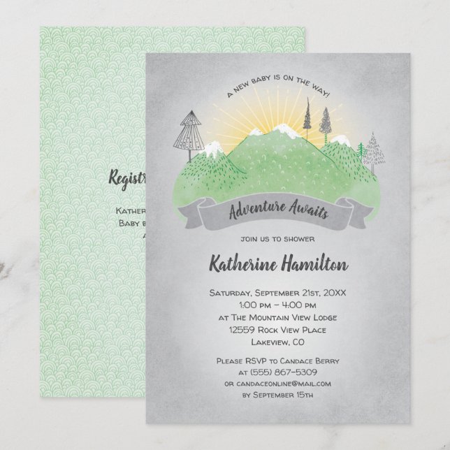 Invitation Adventure Await Green Mountains Baby shower (Devant / Derrière)