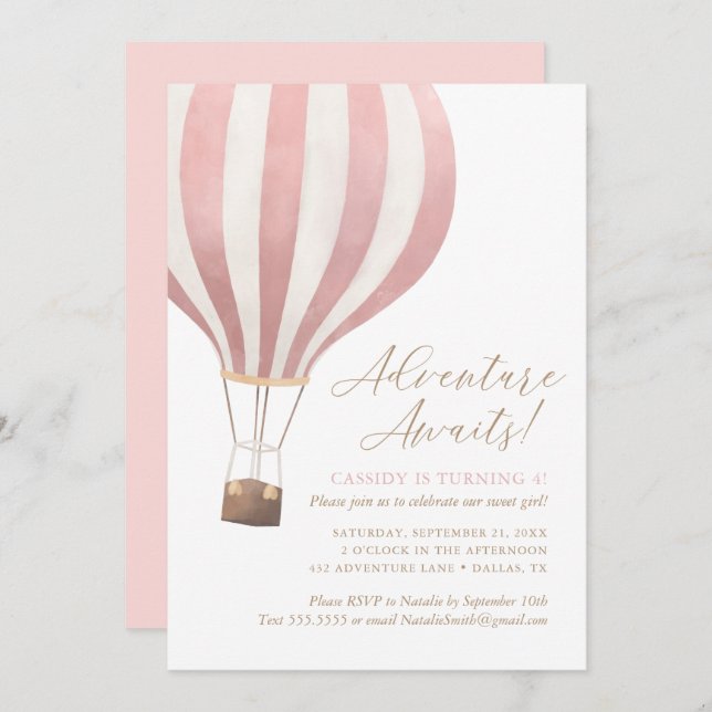 Invitation Adventure Await Hot Air Balloon Girl Birthday (Devant / Derrière)