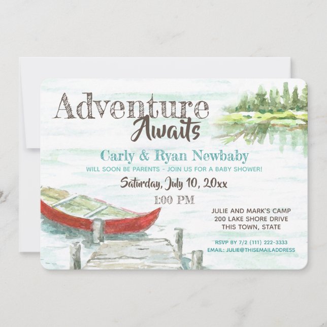 Invitation Adventure Await Lake et Canoe Baby shower (Devant)