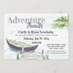 Invitation Adventure Await Lake et Purple Canoe Baby shower
