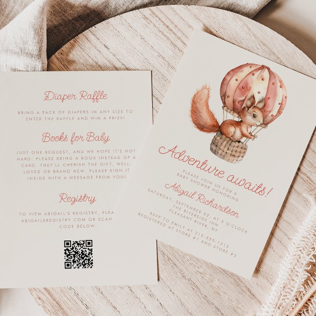 Invitation Adventure Await mignon écureuil QR Code Baby showe (Créateur téléchargé)