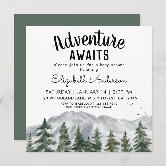 Invitation Adventure Await Misty Forest Boy Baby shower (Devant / Derrière)