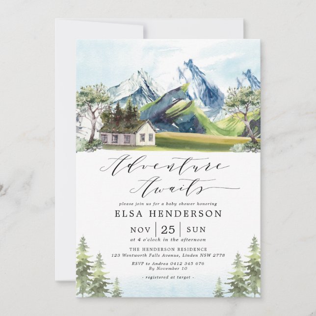 Invitation Adventure Await Mountain Forest Baby shower Invit (Devant)