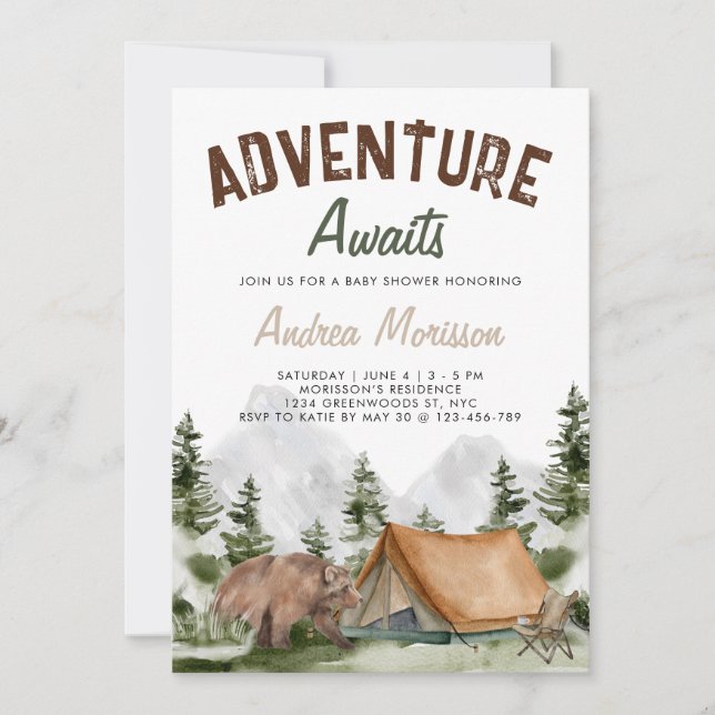 Invitation Adventure Await Mountain Forest Bear Baby shower (Devant)