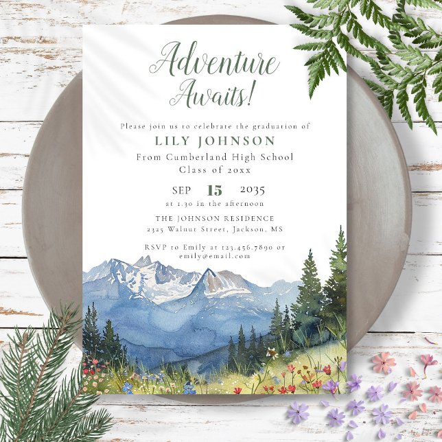 Invitation Adventure Await Mountains Graduation Party (Adventure Awaits Mountains Graduation Party Invitation)
