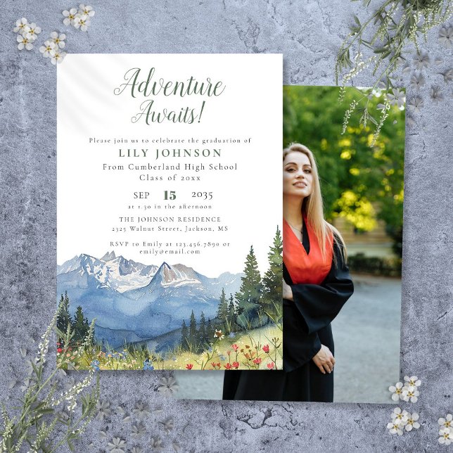 Invitation Adventure Await Mountains Graduation Party Photo (Adventure Awaits Mountains Graduation Party Photo Invitation)