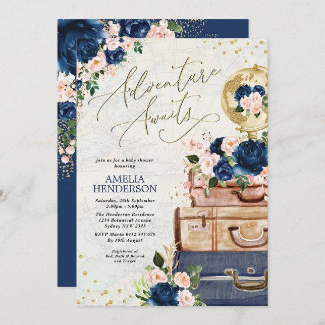 Invitation Adventure Await Navy Blush Travel Baby shower (Devant / Derrière)