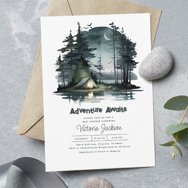 Invitation Adventure Await Night Sky Nature Baby shower (Adventure Awaits! Night Camping Scene Beautiful Baby Shower Invitations)