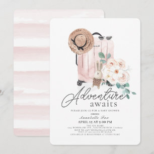 Invitation Adventure Await Pink Suitcase Girl Baby shower