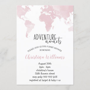 Invitation Adventure Await Pink World Map Baby shower fille