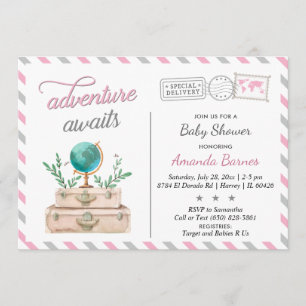Invitation Adventure Await Travel Baby Girl Douche rose Grey