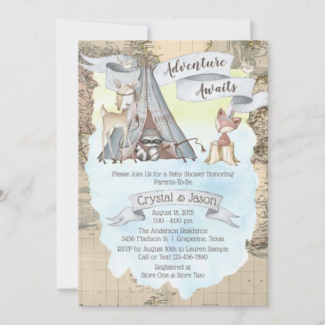 Invitation Adventure Await Travel Map Baby shower garçon (Devant)