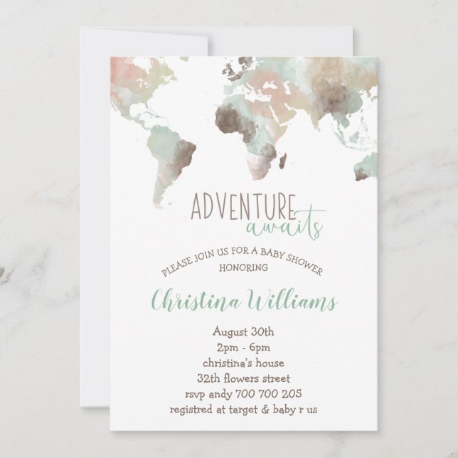 Invitation Adventure Await Watercolor World Map Baby shower (Devant)
