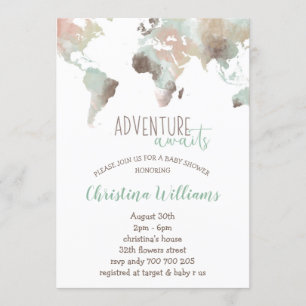 Invitation Adventure Await Watercolor World Map Baby shower