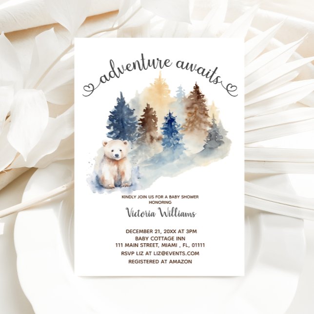 Invitation Adventure Await Winter Polar Bear Baby shower (Créateur téléchargé)