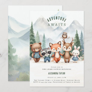 Invitation Adventure Await Woodland Animaux Boy Baby shower