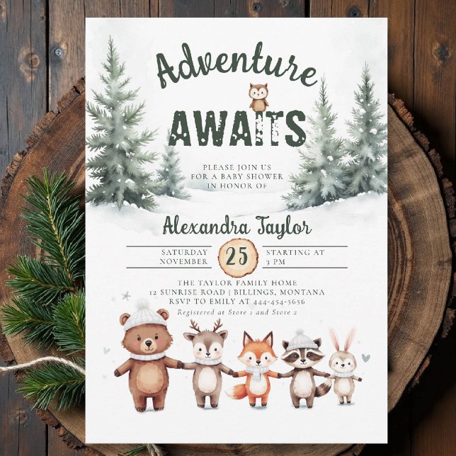 Invitation Adventure Await Woodland Baby shower d'hiver neige (winter baby shower invitation adventure awaits cute woodland animals watercolor snow cold forest)