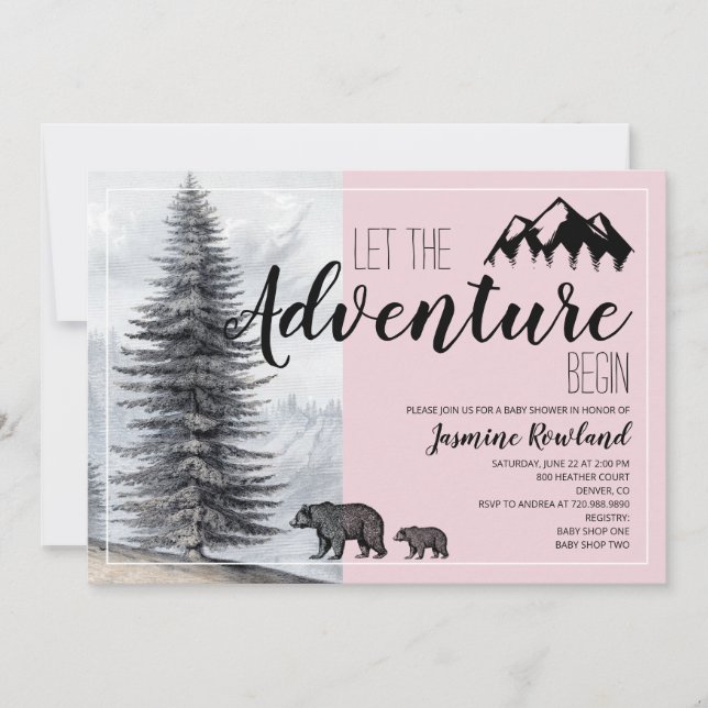 Invitation Adventure Await Woodland Bear Baby shower rose (Devant)