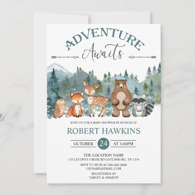 Invitation Adventure Await Woodland Rustic Baby shower Invit (Devant)