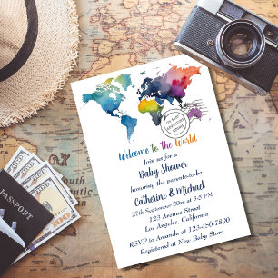 Invitation Adventure Await World Map Baby shower de voyage