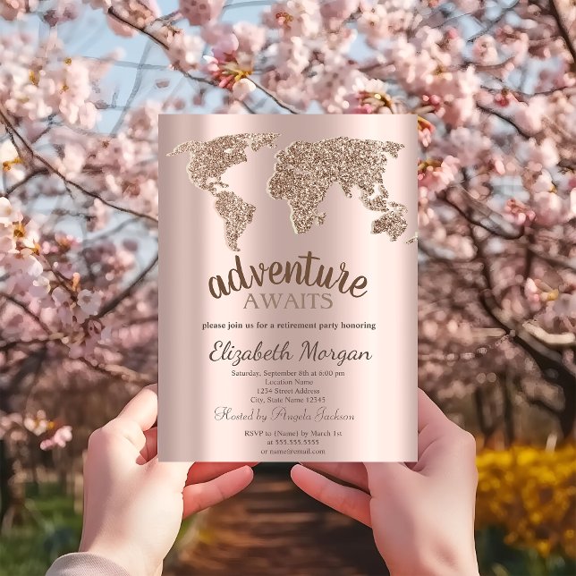 Invitation Adventure Await World Map Rose Gold Retirement (Créateur téléchargé)
