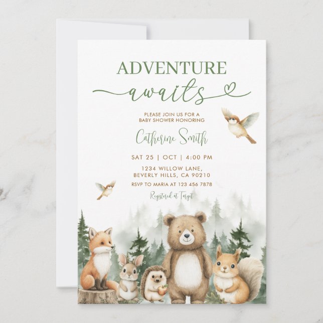Invitation Adventure Awaits Animal Woodland Tree Baby Shower (Devant)