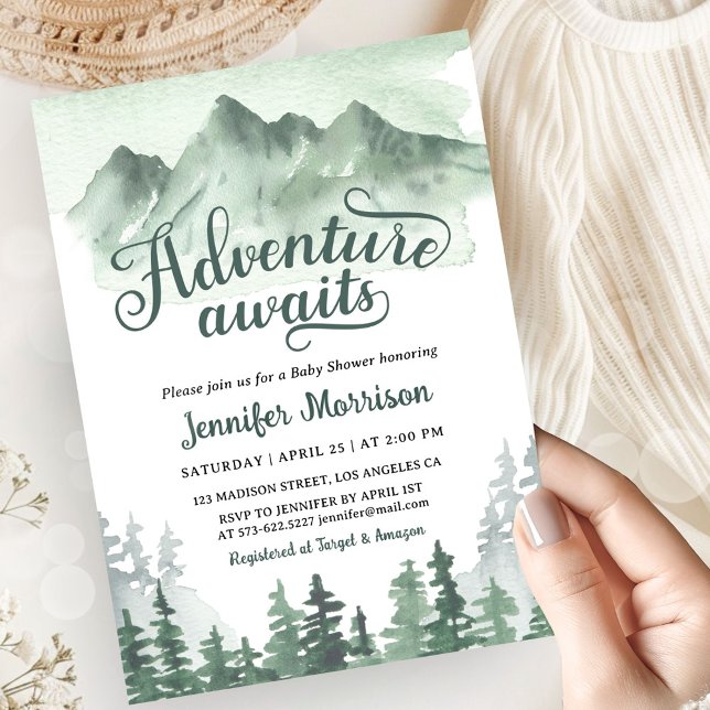 Invitation Adventure Awaits Baby Shower Rustic Green Mountain (Créateur téléchargé)
