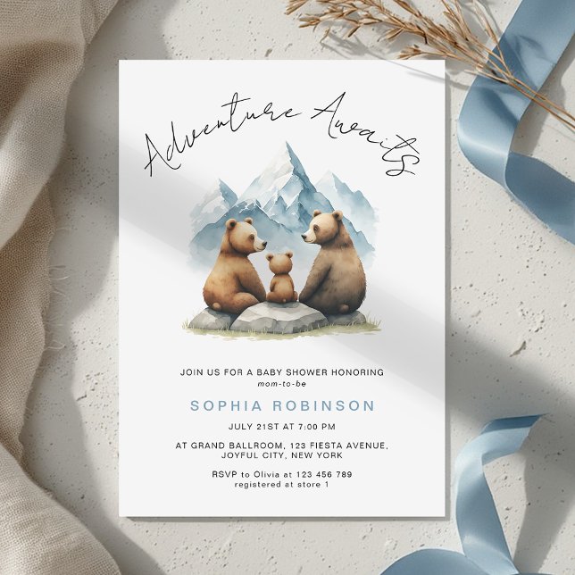 Invitation Adventure Awaits Bear Family Woodland Baby Shower (Créateur téléchargé)