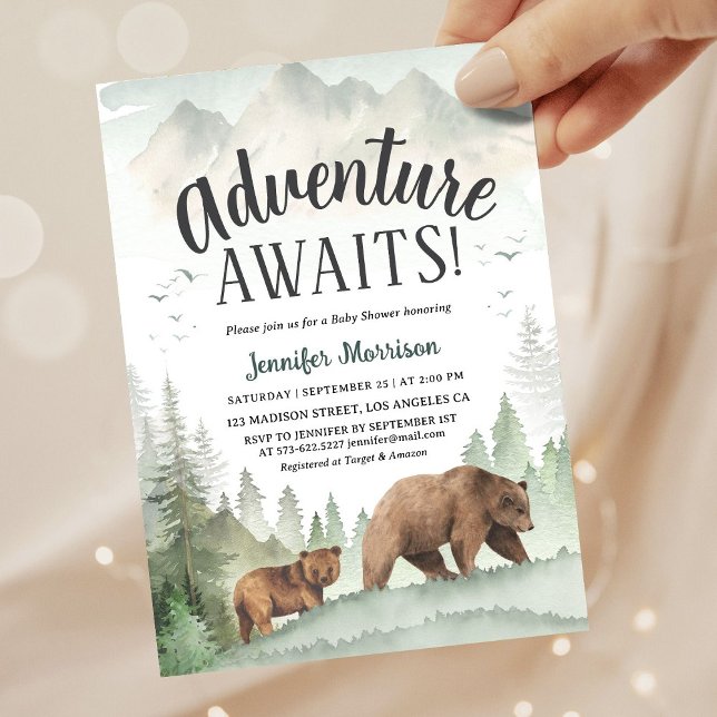 Invitation Adventure Awaits Bear Forest Woodland Baby Shower (Créateur téléchargé)
